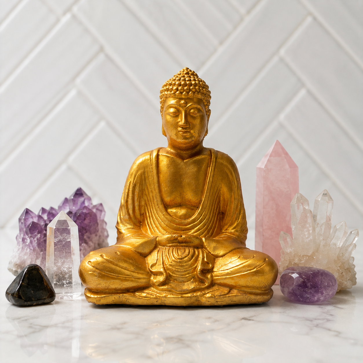 A golden Buddha statue in a seated meditation pose, displayed on a marble surface with various crystal clusters including purple, pink, and clear amethyst stones against a white tiled background.